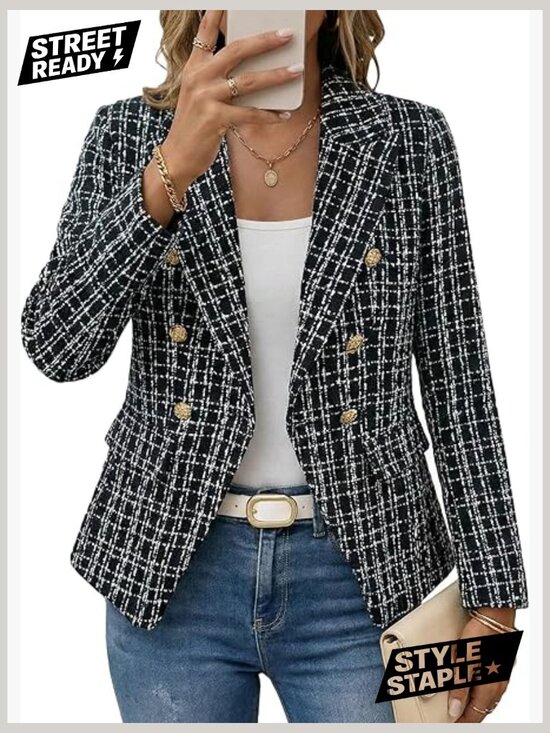 Jackets & Blazers - Double-Breasted Tweed Plaid Blazer Jacket for Women - Fully Lined Slim Fit